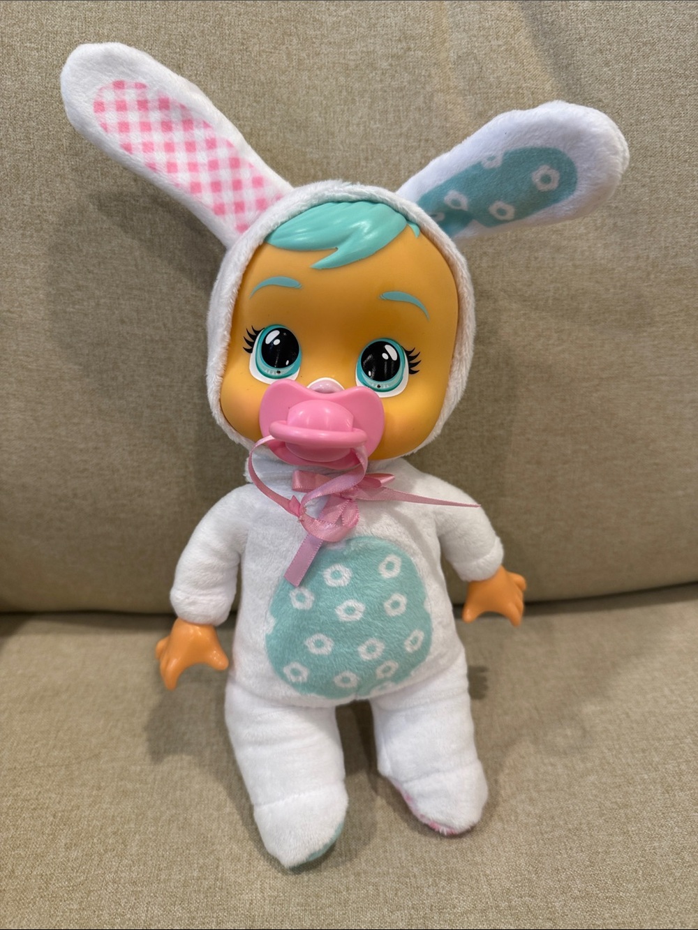 Cry Babies Tiny Cuddles Bunnies Honey Baby Doll with Pink Pacifier with tears!